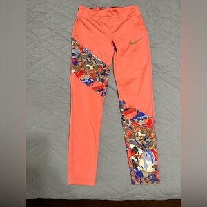 Nike Kids' Leggings with Floral Accents - Coral and Gold
